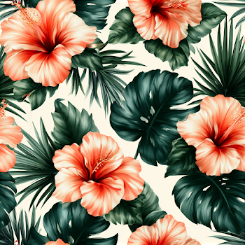 Seamless Tropical Hibiscus and Monstera Pattern