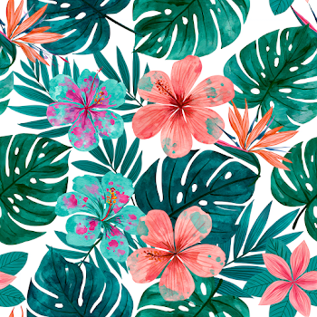 Seamless Tropical Pattern with Monstera Leaves and Exotic Flowers