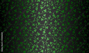 Seamless vector green floral pattern on black background. Repeating damask texture. Premium trefoil wrapping paper or silk shamrock cloth for St. Patrick day