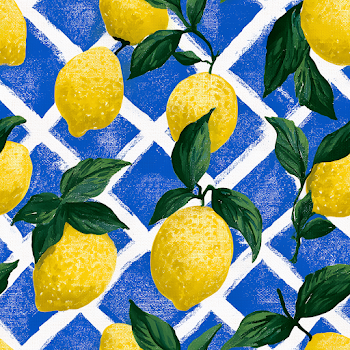 Seamless Watercolor Lemon and Grid Pattern