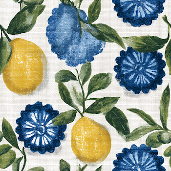 Seamless Watercolor Mediterranean Lemons and Blue Grids Pattern