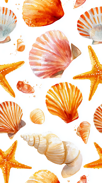Seamless Watercolor Seashells and Seastars Pattern
