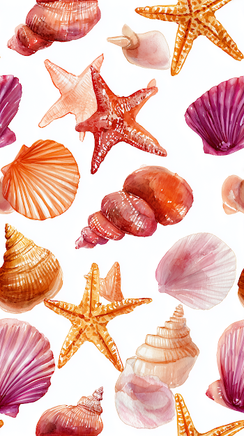 Seamless Watercolor Seashells and Seastars Pattern