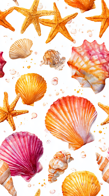 Seamless Watercolor Seashells and Seastars Pattern