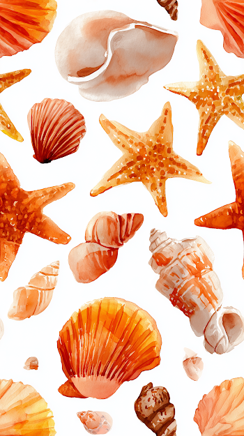 Seamless Watercolor Seashells and Seastars Pattern