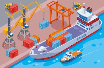 Seaport isometric and colored composition with big sea cargo ship at the seaport  illustration Free Vector