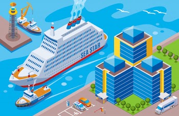 Seaport isometric colored concept with big ship named sea star sailing in the port  illustration Free Vector