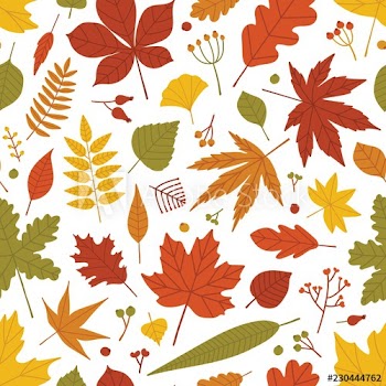 Seasonal botanical seamless pattern with autumnal foliage and berries scattered on white background