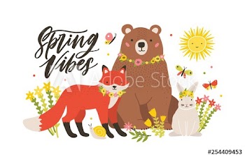 Seasonal card template with cute forest animals surrounded by blooming flowers and butterflies and Spring Vibes lettering handwritten with cursive font