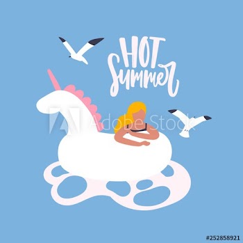 Seasonal card template with flying seagulls, woman with rubber unicorn float in sea or ocean and Hot Summer phrase handwritten with elegant cursive font