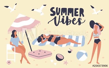 Seasonal card template with women dressed in swimwear sunbathing on beach and Summer Vibes phrase handwritten with cursive calligraphic font