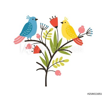 Seasonal composition with pair of lovely cute birds sitting on branch with blooming spring flowers and leaves