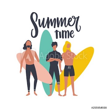 Seasonal postcard template with group of male surfers carrying surfboards and Summer time text handwritten with cursive calligraphic font