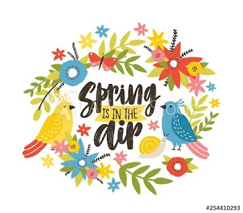 Seasonal postcard template with Spring Is In The Air phrase written with cursive calligraphic font, blooming wild meadow flowers, snail, birds and butterflies
