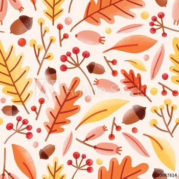 Seasonal seamless pattern with acorns, fallen oak leaves, viburnum berries on white background
