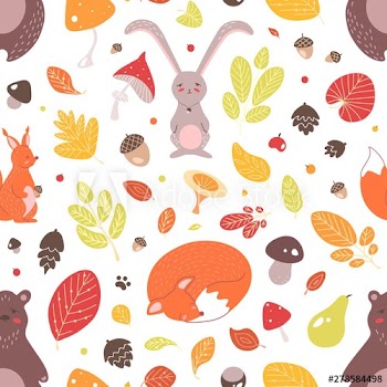 Seasonal seamless pattern with adorable wild forest animals, autumn leaves, acorns and mushrooms on white background