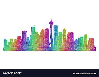 Seattle skyline silhouette - multicolor line art vector image