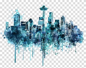 Seattle Watercolor painting Skyline Drawing, monochrome transparent background PNG clipart
