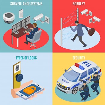 Security systems isometric 4 icons square concept with surveillance technology robbery protection electronic locks isolated Free Vector