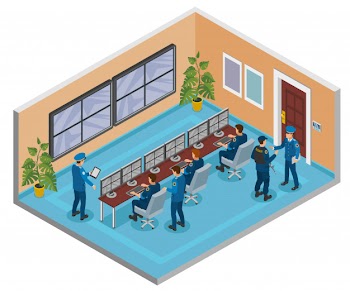 Security systems isometric composition with cctv surveillance cameras monitoring and responding operators officers room interior Free Vector