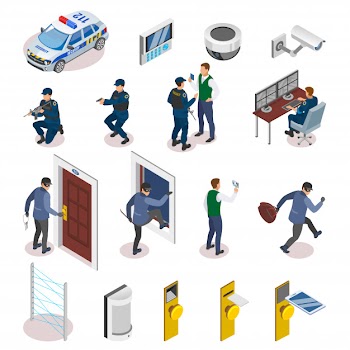 Security systems isometric icons set with laser motion sensors surveillance camera operator officers in action Free Vector