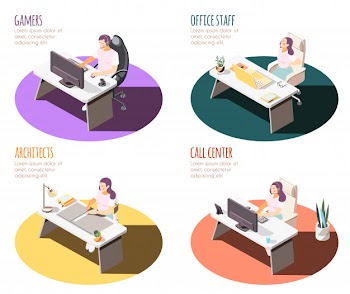 Sedentary lifestyle isometric 4x1 set of compositions with working place spots tables and people with text Free Vector