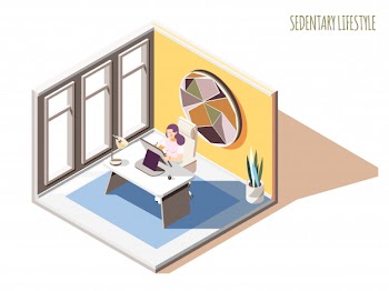 Sedentary lifestyle isometric composition with text and female character sitting at table in her working room Free Vector