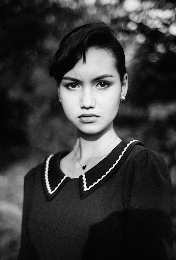 Selective Focus Grayscale Portrait Photo of Woman in Collared Top