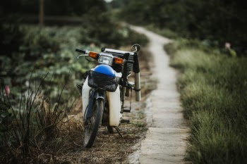 Selective Focus Photography of White and Black Motor Scooter Parked on Pathway Near Green Grass