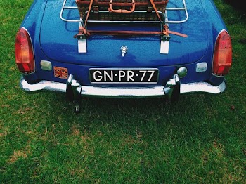 selective photo of blue car on green grass field during daytime