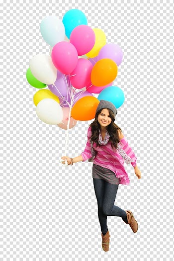 Selena Gomez, gilr holding balloons transparent background PNG clipart