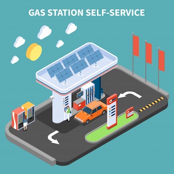 Self service at gas station with payment terminal and vending machine isometric vector illustration Free Vector