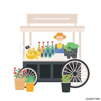 Seller standing at wheeled cart, counter, stall or kiosk with cheese, wine bottles and price tags
