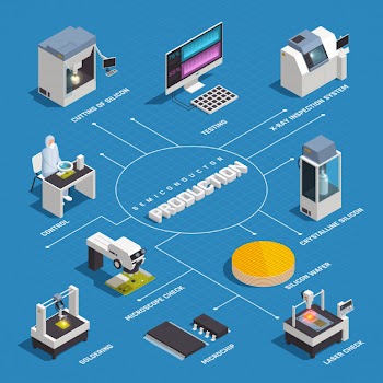 Semiconductor chip production isometric flowchart with isolated images of hi-tech factory facilities and materials with text vector illustration Free Vector