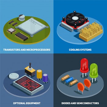 Semiconductor concept set of transistors microprocessors diodes and cooling systems square compositions isometric Free Vector