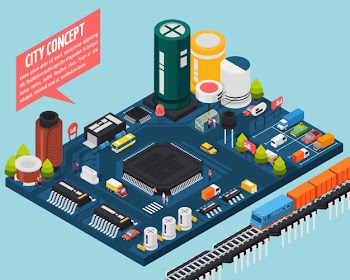 Semiconductor electronic components isometric city concept Free Vector