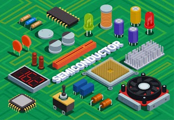 Semiconductor isometric illustration imitated printed circuit board with different electronic components of electric scheme Free Vector