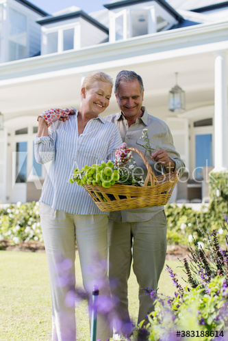 Senior couple picking flowers in garden