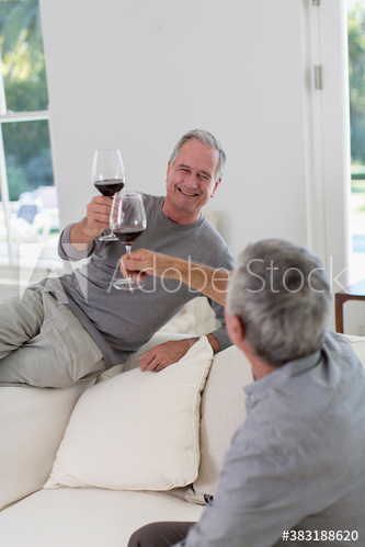 Senior men friends toasting red wine on sofa