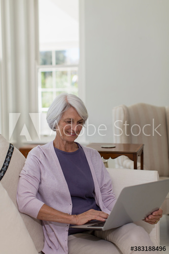 Senior woman using laptop on sofa