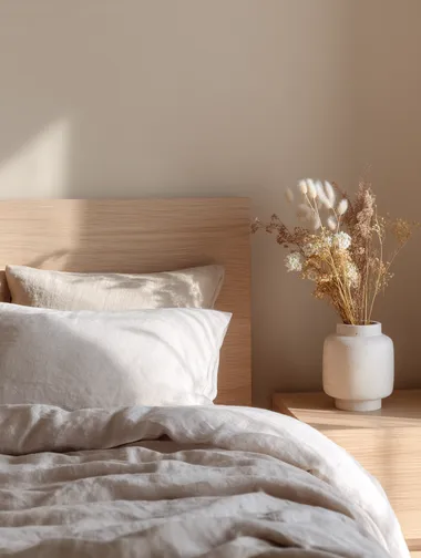 Serene Bed Corner with Crinkled Linen and Dried Flowers Serene Bed Corner with Crinkled Linen and Dried Flowers