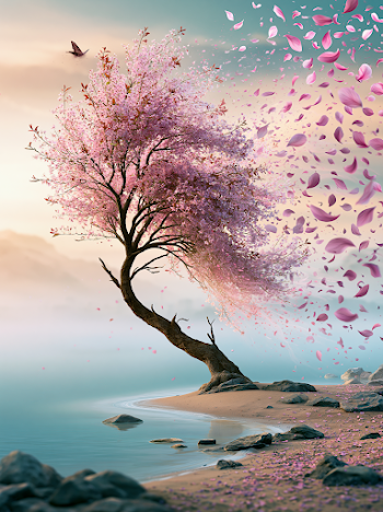 Serene Cherry Blossom Tree by a Tranquil Lake