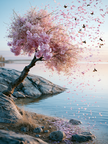 Serene Cherry Blossom Tree by Tranquil Lake