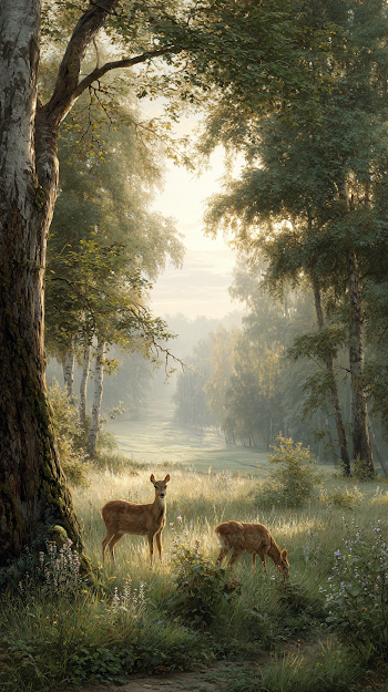 Serene Dawn in a Summer Meadow with Wild Deer