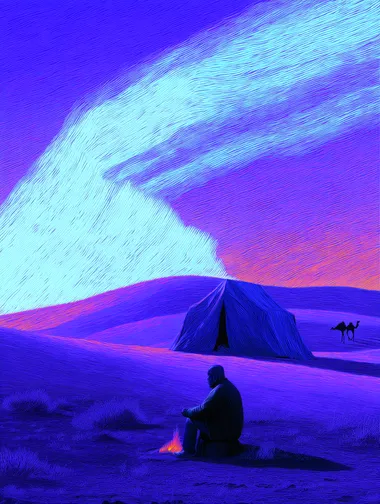 Serene Desert Sunset with Campfire and Camel Silhouette Serene Desert Sunset with Campfire and Camel Silhouette