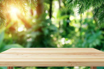 Serene Empty Light Wooden Tabletop in Tropical Garden