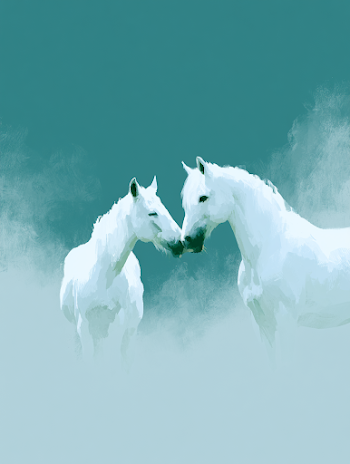 Serene Encounter: White Horses in Misty Landscape