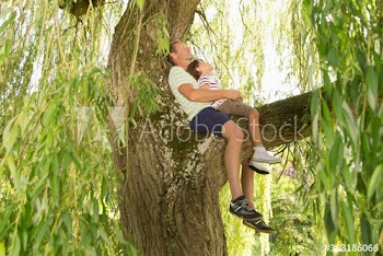 Serene father and son relaxing in tree