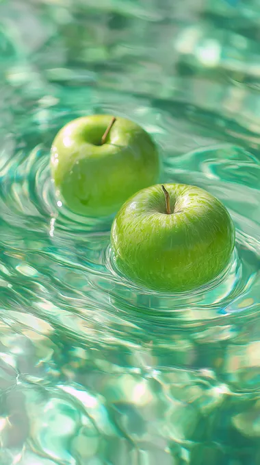 Serene Green Apples Floating on Calm Water Serene Green Apples Floating on Calm Water