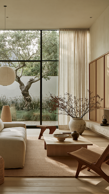 Serene Japandi Living Room in Contemporary Houston Home